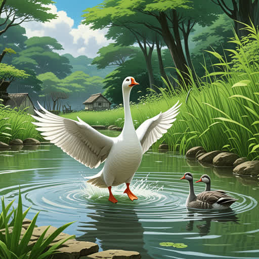في مزرعة هادئة، عاشت إوزة بيضاء كبيرة اسمها 'غزّة'. كانت غزّة تحب الغوص في البركة يومياً والبحث عن الطعام. في يوم من الأيام، سمعت غزّة عن حكايات 'الإوزة الذهبية' التي تبيض بيضاً ذهبياً، وكم كانت تتمنى أن تكون مثلها. ولكنها أدركت أن قيمتها الحقيقية ليست في البيض الذهبي، بل في طبيعتها الحرة وقدرتها على الطيران والعيش بسلام. وقررت غزّة ألا تتبع أي 'مطاردة إوزة برية' لأشياء غير ضرورية، بل أن تستمتع بحياتها كما هي. ومنذ ذلك الحين، أصبحت مثالاً لكل الإوز في المزرعة، تعلمهم أن يكونوا سعداء بما لديهم.